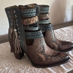 Elegant Brown and Blue Python Heeled Ankle Boots